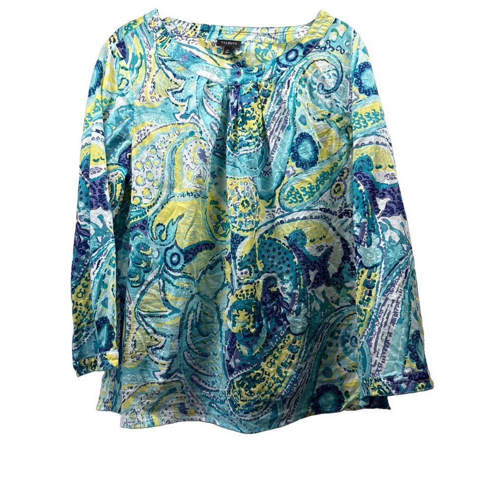 Talbots Womens Top Sz 14 Blue Yellow Paisley 3/4 Sleeves Pullover Pleated Cotton